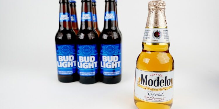 A Modelo Especial bottle in front of six Bud Light bottles.