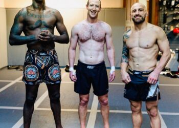 Mark Zuckerberg, 39, flexed his six-pack abs alongside UFC champs Israel Adesanya (left) and Alex Volkanovski (right) in an Instagram photo posted on Tuesday.