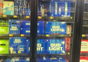 On Twitter, a video recorded by a user purportedly from Salem, Ore. showing a Walmart store refrigerator fully stocked with Bud Light.