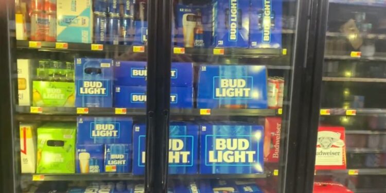 On Twitter, a video recorded by a user purportedly from Salem, Ore. showing a Walmart store refrigerator fully stocked with Bud Light.
