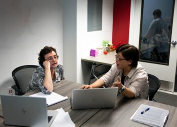 College professors are grappling with how to limit their students from utilizing ChatGPT. The above image shows Robin Kolodny (left), a political science professor, and Eunsook Ha Rhee, an associate professor of instruction, during a faculty teaching circle on artificial intelligence at Temple University in Philadelphia on Wednesday.