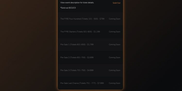 Even though the first 100 tickets are sold out, Fyre Festival II's site shows that nearly 700 other tickets are going to be sold ahead of the event starting at $799 and soaring as high as $7,999.