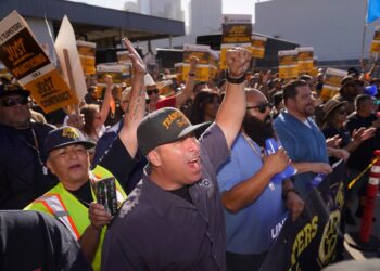 UPS Teamsters and workers hold a rally in downtown Los Angeles in July.