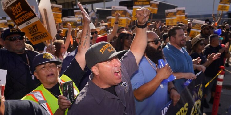 UPS Teamsters and workers hold a rally in downtown Los Angeles in July.