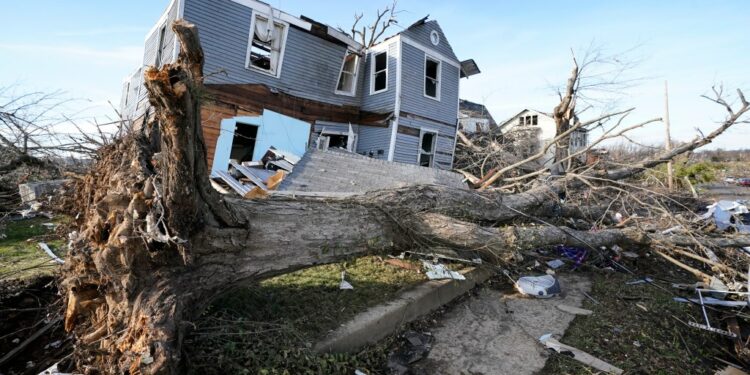 An overturned tree sits in front of a tornado damaged home in Mayfield, Ky., on Dec. 11, 2021, after a tornado ripped through the area.
