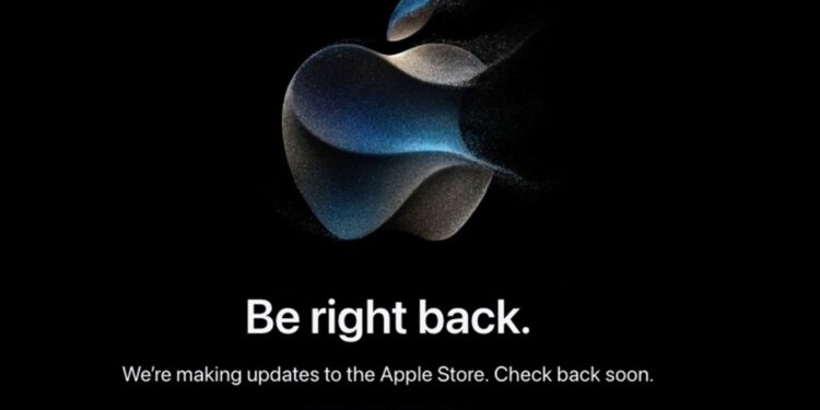 The landing page features a blue-and-gray Apple logo -- the same emblem that's been used to promote the iPhone 15 launch event, suggesting the Apple Store "crash" was intentional.