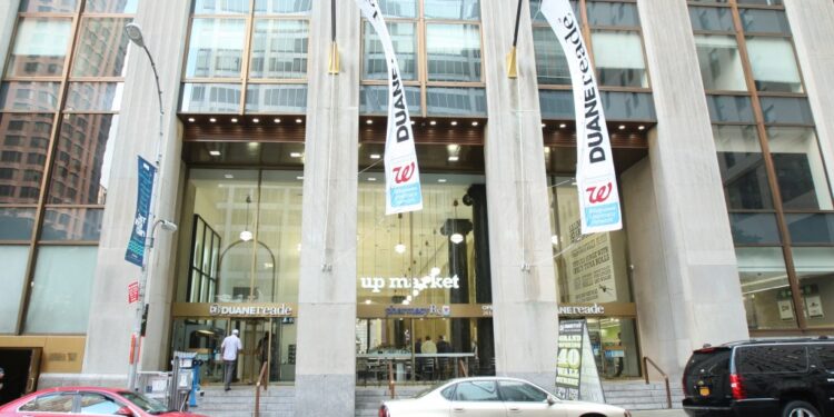 The Pine Street entrance of the new Duane Reade  located at 40 Wall Street in NYC, NY.