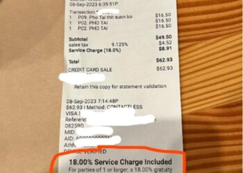 “I’ve seen restaurants include gratuity when it’s a large party but never for parties of 1!” said irked patron.