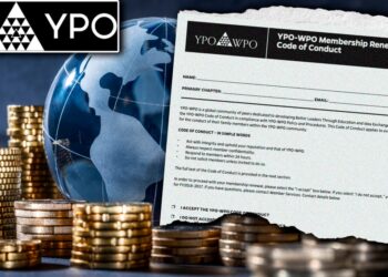 illo of YPO paper, globe, coins