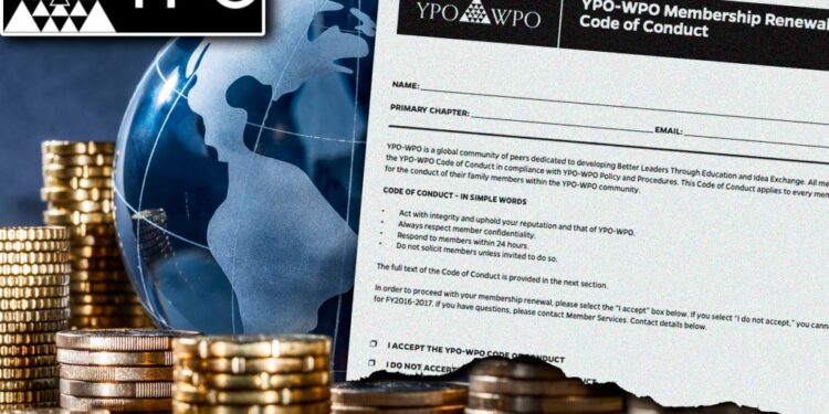 illo of YPO paper, globe, coins