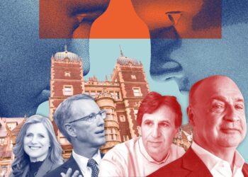 Liz Magill, from left,  Scott Bok, Marc Rowan and Len Blavatnik