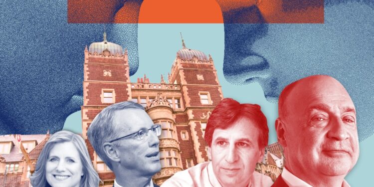 Liz Magill, from left, Scott Bok, Marc Rowan and Len Blavatnik