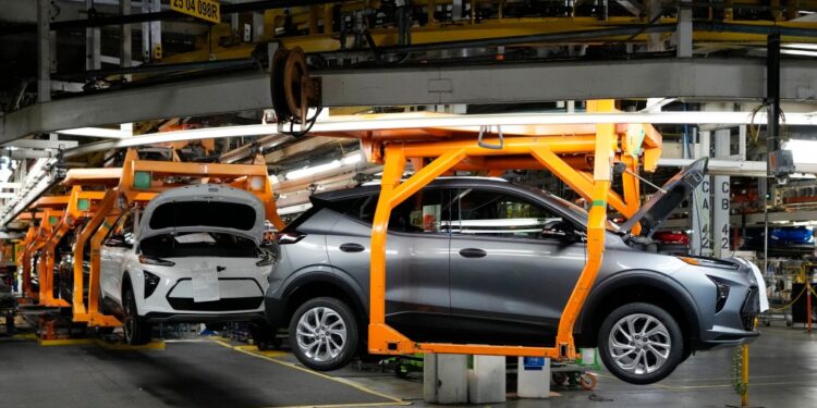 Chevrolet Bolt EVs at the Orion plant in Michigan.