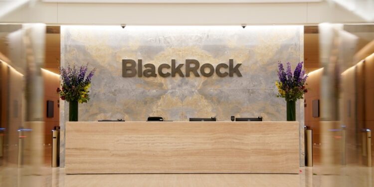 BlackRock sign at night at the BlackRock Headquarters located at 50 Hudson Yards in New York.