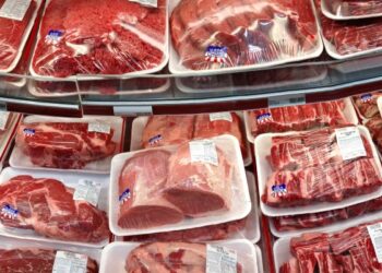 Various cuts of beef and pork in plastic wrap on a shelf at a discount market in Arlington, VA.