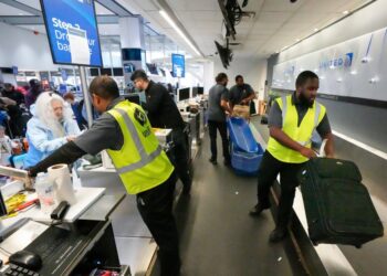 A United worker handles baggage.