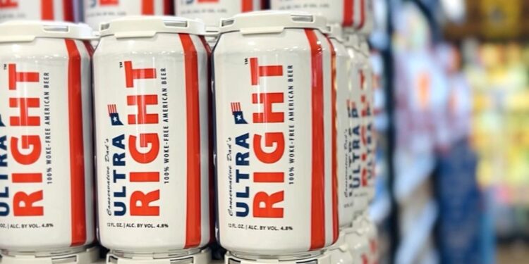 Cans of beer representing rival brands Bud Light and Conservative Dad's Ultra Right Beer, discussed in story of former US President’s defense of the Bud Light brand.