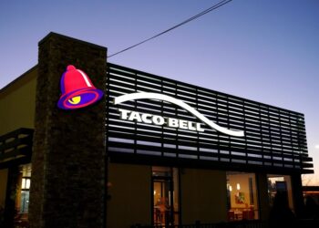 Dusk view of Taco Bell restaurant in Little Falls, NJ on November 12, 2023