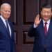President Joe Biden and China's President Xi Jinping waving in suits during their meeting in Woodside, Calif on Nov, 15, 2023