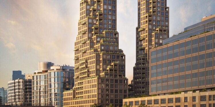 Rendering of luxury apartment towers to rise at 570 Washington St. and 80 Clarkson St. on Hudson River waterfront.