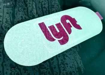 Lyft sign displayed inside a car in Vernon Hills, Illinois on April 2, 2024.