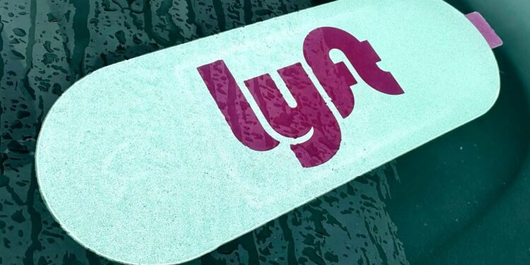 Lyft sign displayed inside a car in Vernon Hills, Illinois on April 2, 2024.