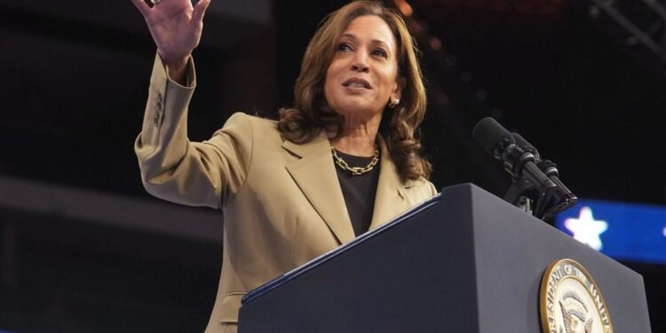 Vice President Kamala Harris speaking at a campaign rally in Phoenix on Aug. 9, 2024.