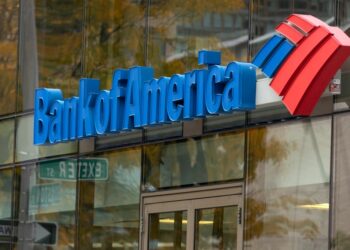 Bank of America logo outside bank.