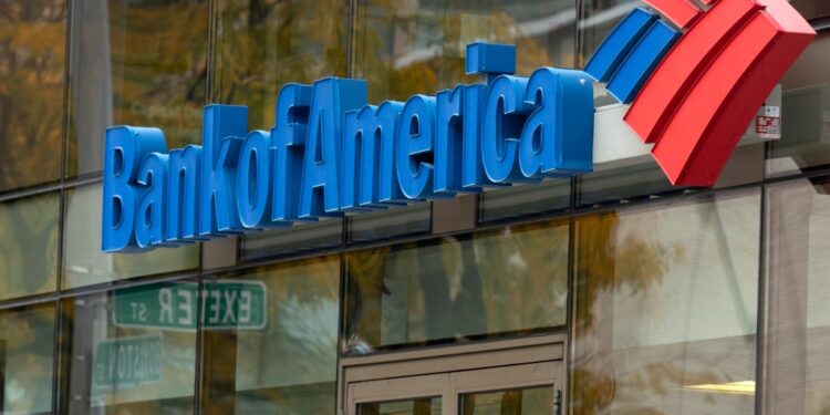 Bank of America logo outside bank.