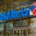 Bank of America logo outside bank.