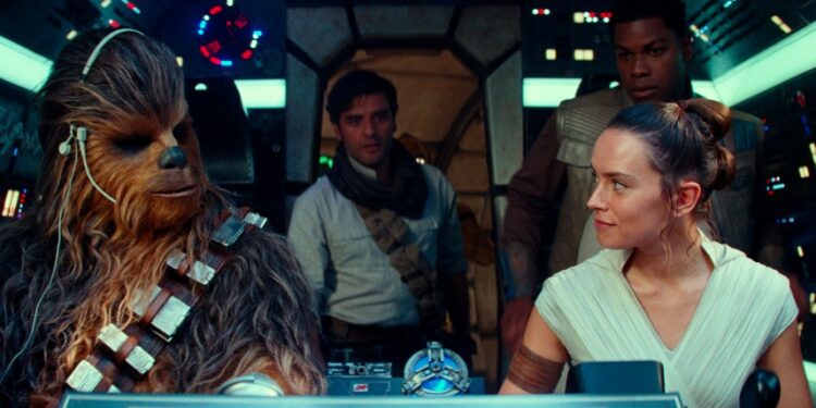 Joonas Suotamo as Chewbacca, Oscar Isaac as Poe Dameron, Daisy Ridley as Rey and John Boyega as Finn in a scene from "Star Wars: The Rise of Skywalker."