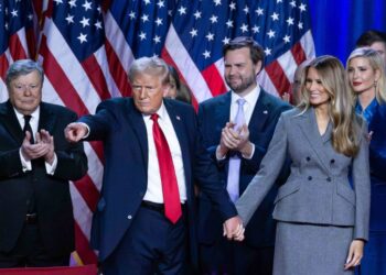Trump holds hands with wife Melania at Election Night watch party on Nov. 5, 2024.