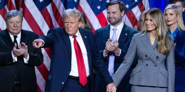 Trump holds hands with wife Melania at Election Night watch party on Nov. 5, 2024.