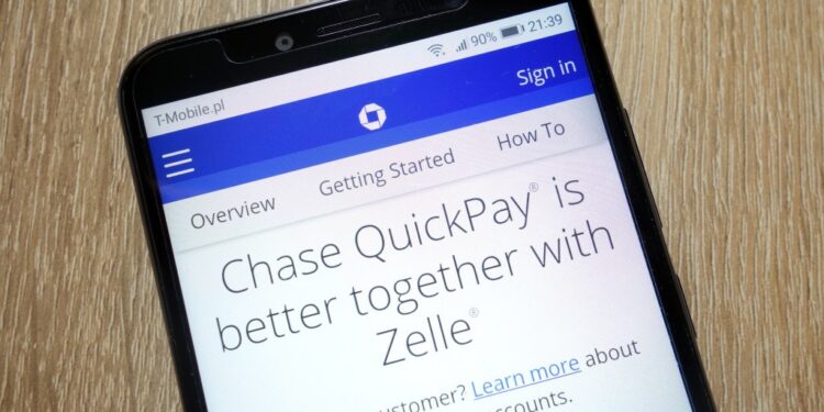 Smartphone displaying the Chase QuickPay website, Konskie, Poland, January 2019