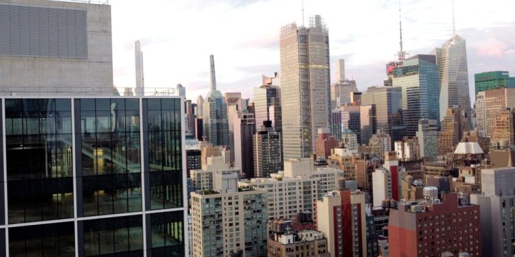 An aerial view of the Midtown Manhattan skyline.