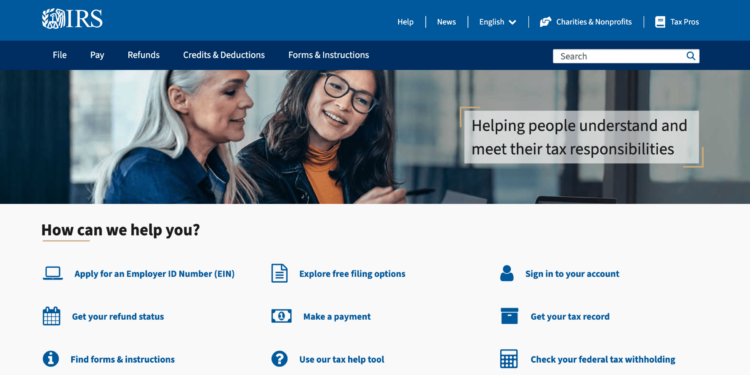 First page of IRS site