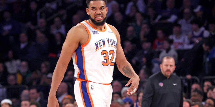 New York Knicks center Karl-Anthony Towns #32 reacting on the court during the first quarter in a game against Oklahoma City Thunder at Madison Square Garden