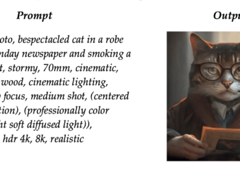 A prompt with the text “professional photo, bespectacled cat in a robereading the Sunday newspaper and smoking apipe, foggy, wet, stormy, 70mm, cinematic,highly detailed wood, cinematic lighting,intricate, sharp focus, medium shot, (centeredimage composition), (professionally colorgraded), ((bright soft diffused light)),volumetric fog, hdr 4k, 8k, realistic” and an AI-generated image based on it.