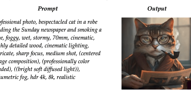 A prompt with the text “professional photo, bespectacled cat in a robereading the Sunday newspaper and smoking apipe, foggy, wet, stormy, 70mm, cinematic,highly detailed wood, cinematic lighting,intricate, sharp focus, medium shot, (centeredimage composition), (professionally colorgraded), ((bright soft diffused light)),volumetric fog, hdr 4k, 8k, realistic” and an AI-generated image based on it.