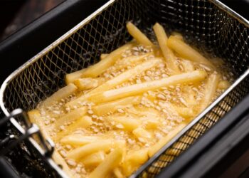 French fries cooking in a deep fryer