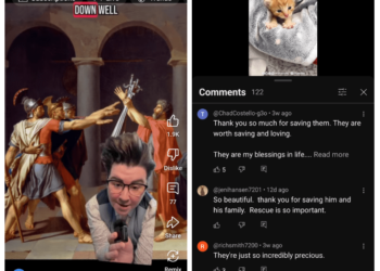 Two screenshots, one showing a narrator over a painting of ancient Romans, the other showing a cute cat over some comments.