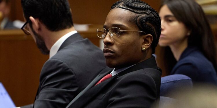 A$AP Rocky listens to closing arguments during his trial Thursday, Feb. 13, 2025, in Los Angeles.