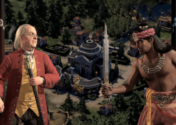 Screenshot from Civilization 7 featuring a tense standoff between Ben Franklin and Ashoka.