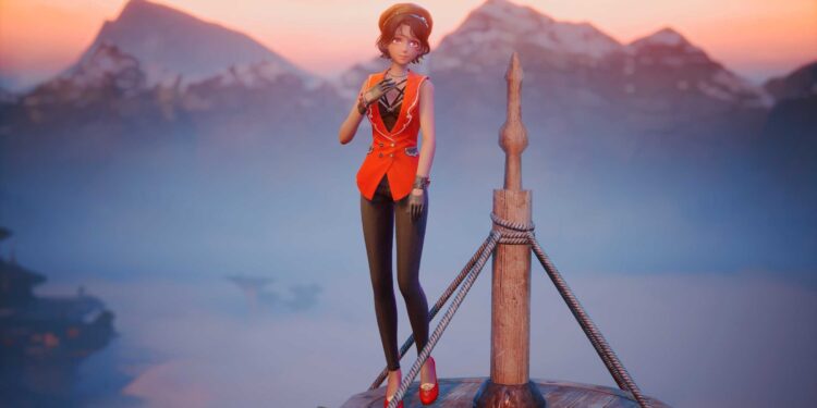 Screenshot from Infinity Nikki featuring Nikki in an ugly red vest with black pants and a black top with red shoes.