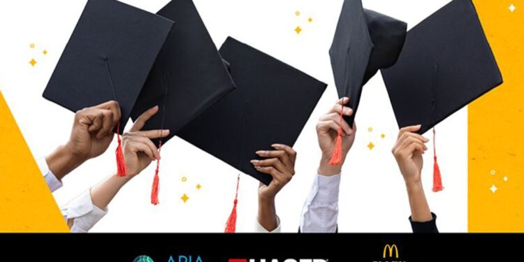A group of hands holding graduation caps celebrating McDonald's 2024-2025 scholarship applications