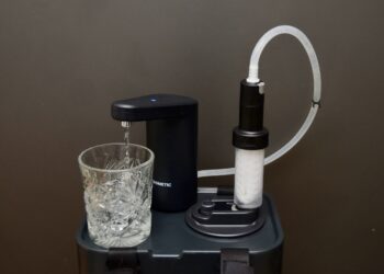 A double-tap of the Dometic Go faucet produces clean drinking water from the LifeStraw filter snapped into the Go jug.