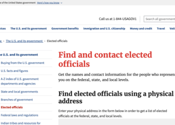 USA.gov home page with main headlines that say Find and contact elected officials, and Find elected officials using a physical address