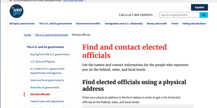 USA.gov home page with main headlines that say Find and contact elected officials, and Find elected officials using a physical address