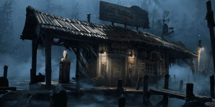 Screenshot from South of Midnight featuring a dilapidated country gas station.