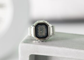 Vertical shot of the Casio Ring Watch sitting on the edge of a gray clock. In the background, you can see other blurry clocks.